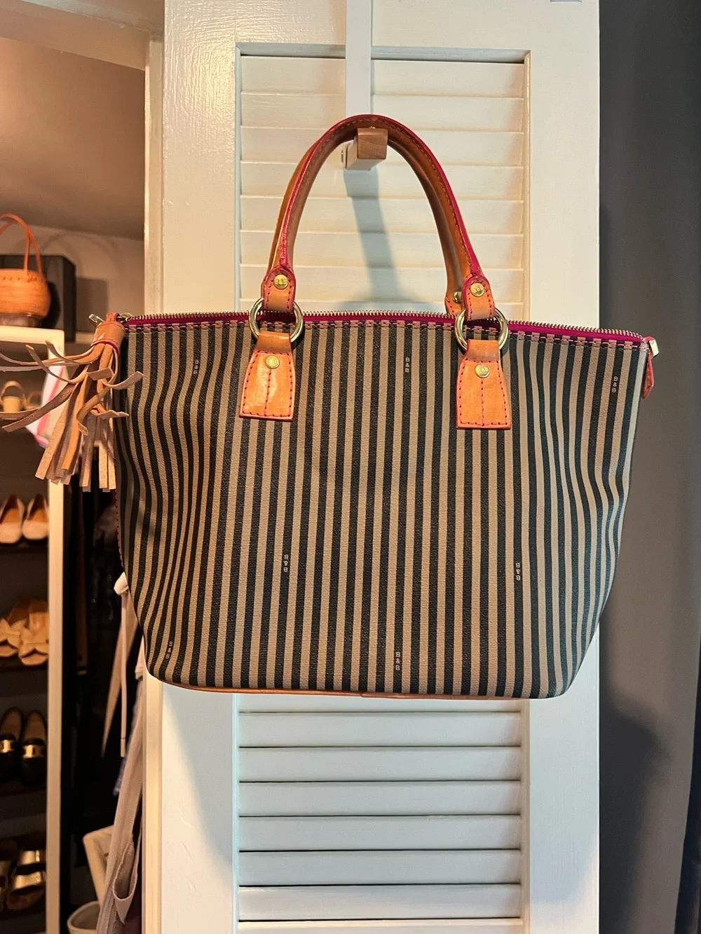 Vintage Inspired Striped Canvas Tote with Tan Leather Handles
